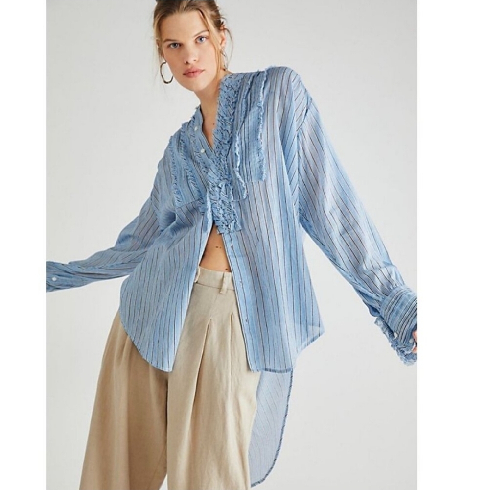 Free People FP One Montana Ruffled Striped Cotton Shirt Blouse Blue Size Small